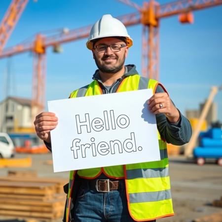 A man wearing a hard hat on a construction site holds a sign that reads: Hello friend