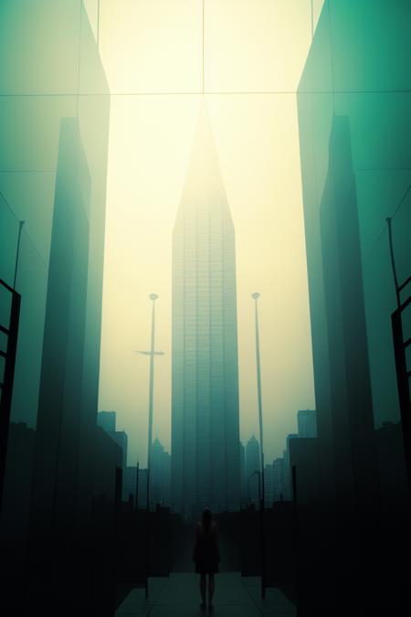 Vertiginous skyline, skyscrapers piercing the smoggy heavens, electric cables snaking between structures like digital veins. , beyond_the_black_rainbow