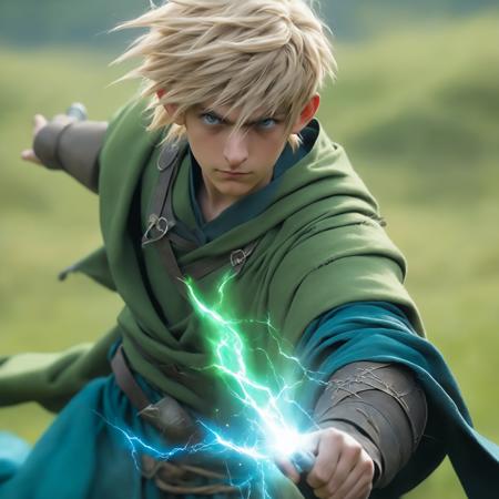 anime thunder wizard casting spell, young male, blonde hair, blue eyes, medieval poor attire, green grasslands background, photorealistic, photorealism, greg rutkowski, trending on artstation, film, studio lighting, detailed skin, ultra realistic, bokeh, sharp features