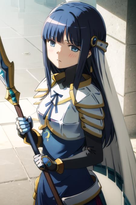 best quality, masterpiece, highres, solo, {nanami_yachiyo_puellamagimadokamagicasidestorymagiarecord:1.15}, long_hair, blue_hair, blue_eyes, bangs, blush, blunt_bangs, magical_girl, 1girl, armor, breastplate, blue_dress, dress, looking_at_viewer, shoulder_armor, white_armor