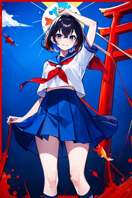 multicolored, red_background, rising_sun, 1girl, torii, sunburst, red_sky, skirt, blood_splatter, blue_eyes, multiple_torii, solo, blue_skirt, looking_at_viewer, flag_background, splatter, school_uniform, short_sleeves, colorful, sailor_collar, fish, white_shirt, serafuku, red_neckerchief, blue_sailor_collar, pleated_skirt, waves, mount_fuji, cowboy_shot, neckerchief, smile, black_hair, abstract, spider_lily, closed_mouth, shirt, sunburst_background, hair_between_eyes, blood, medium_hair, paint_splatter, standing, surreal, short_hair, red_bow, multicolored_background, red_border, floating_hair, bow, egasumi, bangs, goldfish <lora:style_MikaPikazo:1>