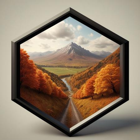 autumn mounting, realistic, paralax, perspective, wide landscape inside a hexagonal badge