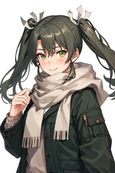 best quality, masterpiece, highres, solo, {zuikaku_kantaicollection:1.15}, long_hair, twintails, ribbon, hair_ribbon, green_hair, green_eyes, smile, white_ribbon, 1girl, alternate_costume, blush, looking_at_viewer, scarf, upper_body, hair_between_eyes, jacket, grey_hair