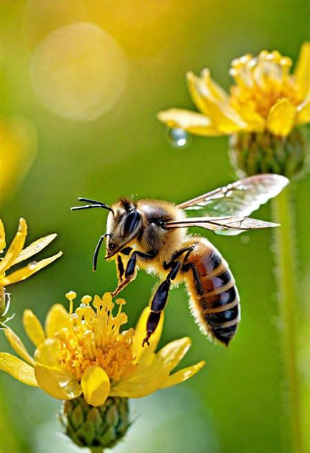 Craft an exquisite masterpiece that captures the stunning detail and vibrant life of a honey bee.The scene is set in an ultra-high-definition, sunlit meadow, brimming with colorful wildflowers. The honey bee, in hyper-realistic detail, is hovering near a bright yellow blossom. Its wings should be translucent and iridescent, catching the sunlight in a dazzling display. The bee's furry body is finely detailed, with each hair visible, glistening with tiny droplets of morning dew.The background is a blur of greenery and flowers, creating a depth of field that brings the bee sharply into focus. Surrounding the bee are soft, golden rays of sunlight filtering through the petals, creating a warm, inviting atmosphere. The entire scene is alive with the gentle buzz of the meadow and the delicate rustling of leaves in the breeze. This image should not only showcase the intricate beauty of the honey bee but also the vibrant ecosystem it thrives in, combining realism with a touch of whimsy.