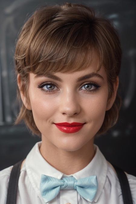 photo of a woman, <lora:michellejohnson-03:0.5>, michellejohnson, ((shirt, pixie cut, bowtie):1.1), ((closeup, portrait)),((classroom, chalkboard)), ((red lipstick, makeup)), (smile), ((best quality, masterpiece, extreme details, high resolution):1.2),((detailed eyes, beautiful eyes, detailed face, beautiful face):1.2)