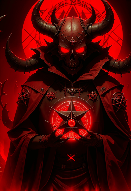 <lora:Blood:1> a close up of a demonic skull with a pentagram in the background, demon circle, demon, character art, red cloth around his shoulders, horns, rusty circle, third eye  <lora:xTTx:1>