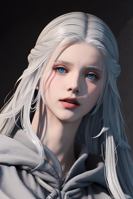 (8k, RAW photo, best quality, masterpiece:1.2), (realistic, photo-realistic:1.4), ultra-detailed, (AV idol), perfect detail , looking at viewer, make up, venat, white robe,  closed mouth,   (white hair:1.5), blue eyes, glowing eyes, long hair,  <lora:Venat:0.8>  long_sleeves,from below, blue eyes,