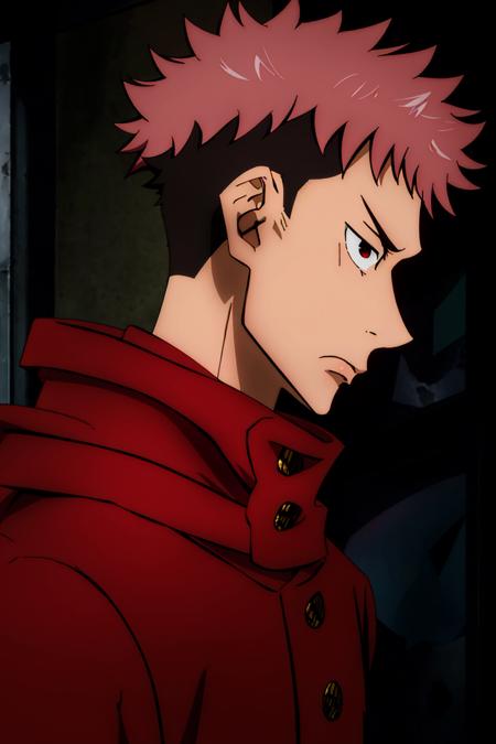 (masterpiece, best quality, ultra-detailed),jujutsu kaisen style solo, short hair, black hair, 1boy, brown eyes, closed mouth, school uniform, upper body, pink hair, male focus, hood, scarf, black eyes, hoodie, frown, facial mark, hood down, spiked hair, portrait, red scarf, undercut, red hoodie, itadori yuuji,  <lora:jujutsukaisen_v1-000010:1>