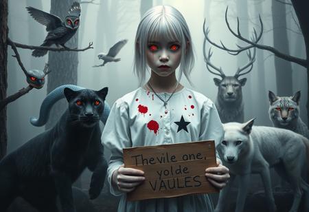 In a mist-filled forest, a pale girl with silver-white hair stands hauntingly still. Her white blouse, splattered with dark red stains, contrasts starkly with her ghostly skin. A simple black five-pointed star is visible on her chest, adding an unsettling graphic element. Her eyes glow with an intense crimson light, piercing through the dimness.
Around her, twelve wild animals create a tense, surreal circle. A black panther crouches nearby, its fur blending with the darkness, while its eyes reflect an eerie red. Two owls perched on branches survey the scene with glowing red eyes. A large snake, with blue-black iridescent scales, coils around a tree branch, its gaze menacing.
In the background, a majestic stag stands with antlers silhouetted against the fog. Two lynxes, their fur patterned with shadows, move quietly, and a white wolf stands in the foreground, its eyes mirroring the girl’s glow.
The girl holds a worn cardboard sign reading ‘We Come in Peace,’ which contrasts sharply with the ominous atmosphere. The swampy ground is covered in mist, with refracted light casting shifting shadows, adding to the eerie, realistic quality of the scene