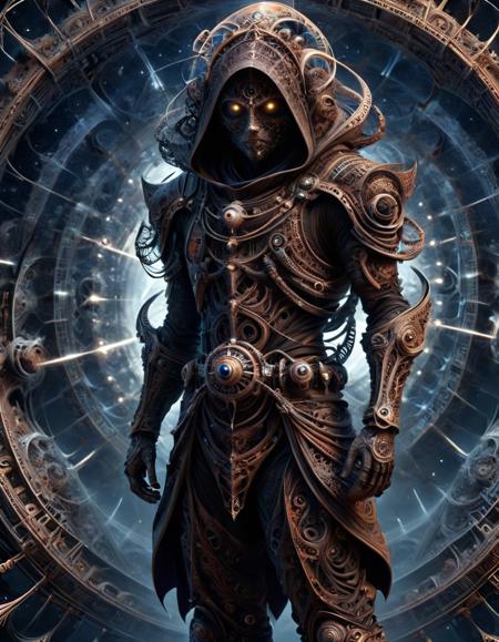 portrait, solo, (full body:0.6), looking up, detailed background, detailed face, warp, scifi, excessive energy, ulblackholetech theme:1.1), dark shadow-assassin, hidden truth, corruptor, ral-frctlgmtry outfit, ral-frctlgmtry hood, dark brown ral-frctlgmtry armour, ral-frctlgmtry belt, dark ral-frctlgmtry intent, creeping shadows, dynamic pose, specters in background, starry night sky, wind blowing, eerie calm, ominous atmosphere <lora:ral-frctlgmtry:1> made of ral-frctlgmtry