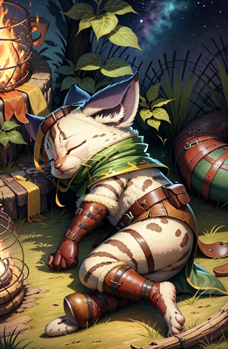 palico, fur, adventurer gear,  <lora:Race - Palico:1> detailed background, god rays, non-human, furry, laying down, from side, campfire, sleep, night, stars