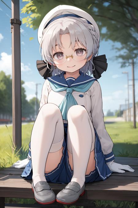 best quality, masterpiece, highly detailed, 1girl, solo, smile,
hirato, braid, glasses, hair ribbon,
school uniform, hat, blue ribbon, blue sailor collar, blue neckerchief, long sleeves, white gloves, blue skirt, pleated skirt, white thighhighs, garter straps, shoes, grey footwear,
outdoors, sitting,
<lora:HiratoKancolleV02-000018:1>