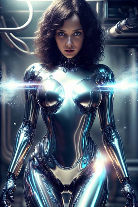 <lora:metal2:0.7>, <lora:AntimatterTech:1.4>, cyborg 1girl, mirror skin, gold liquid metal girl, antitech, ((body radiates light particles)), chaos, factory, full length photo, raw photo, masterpiece, Photorealistic, highly detailed, realistic, intricate, beautiful, smooth, sharp focus, atmospheric lighting, cinematic lighting, (insanely detailed:1.4), (extremely fine details:1.35), a detailed masterpiece by Ralph McQuarrie,Agnes Cecilemasterpiece by Agnes Cecile