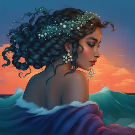 Capture a scene where a mythical siren with hair like the deep ocean blue, intricately braided with pearls and corals, reclines on a cliff under a twilight sky. The iridescence of her scales is captured in such vivid detail that viewers can almost hear the serene melody she sings. The crashing waves and the serene sky form a living, moving tapestry behind her (ultra-high resolution textures), her form bathed in the luminescence of bioluminescent algae, giving her an otherworldly glow (HDR+, intricate details) artgerm style  <lora:artgerm_style-000005:1>