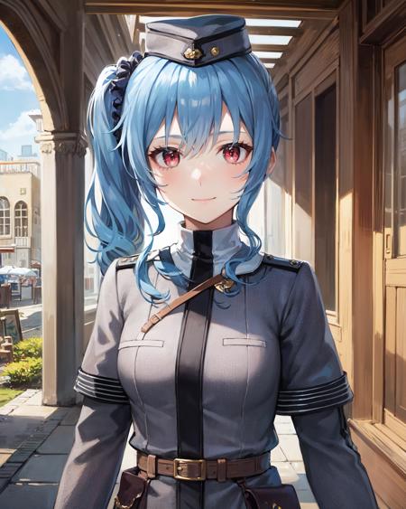 best quality, (masterpiece:1.2), illustration, absurdres,
(1girl), (solo), (beautiful detailed girl),  (upper body, portrait),,
<lora:ClaireRMP-08:0.8>, blue hair, side ponytail, scrunchie, red eyes, medium breasts,
garrison cap, grey headwear. grey military uniform, grey pants,black capelet, purple belt, brown boots,
looking at viewer, gentle smile,
inside middle eastern town, middle east, bazaar, cobblestone street,  sky, sun, day,