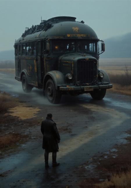 highest details, ultra hyper realism. highly detailed and realistic. intricate and highly professional artwork, an absolute masterpiece.
 Brutalist Steampunk, gothic fantasy, moody lighting, rusted metal tones, ash and ember palette.
Wide view, futuristic, Sci-fi cinematic scene. Rural Wasteland national background. Armored Steampunk scenicruiser bus driving through, with guns. wandering through, Golden runes and cybernectic line decorate, Grimmdark, mechanical. (Ultra-realistic, 32k, Masterpiece, High Quality, Detailed Realistic Background, Official Art, Realistic Lighting, filmfotos, film grain, reversal film photography).