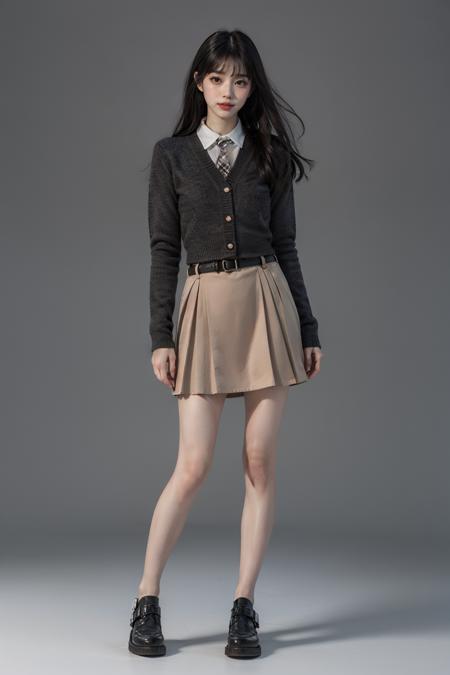 best quality, quality, masterpiece, photorealistic, 1girl, solo, full body, standing, dating attire, sweater jacket, necktie, collared shirt, brown skirt, belt, bare legs, black shoes, simple background, <lora:dating_attire_style2_v2:0.65>