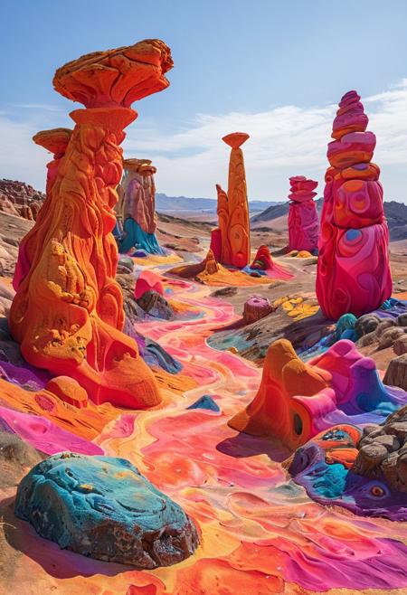 psychadelic, A minimalist, windswept landscape where vibrant, sculptural fabric installations merge with natural rock formations