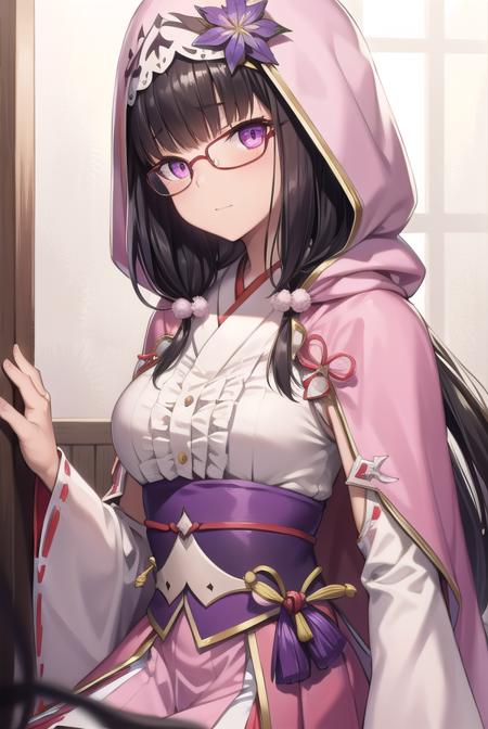 osakabehime, <lyco:osakabehime-lyco-nochekaiser:1>, 
osakabehime, black hair, gradient hair, long hair, low twintails, multicolored hair, (purple eyes:1.1), twintails, glasses, pink-framed eyewear,
BREAK cape, detached sleeves, hood, hood up, hooded cape, obi, yes, pink skirt, sandals, sash, skirt, tabi, white legwear, pink hood, pink cape,
BREAK looking at viewer,
BREAK indoors,
BREAK <lyco:GoodHands-beta2:1>, (masterpiece:1.2), best quality, high resolution, unity 8k wallpaper, (illustration:0.8), (beautiful detailed eyes:1.6), extremely detailed face, perfect lighting, extremely detailed CG, (perfect hands, perfect anatomy),