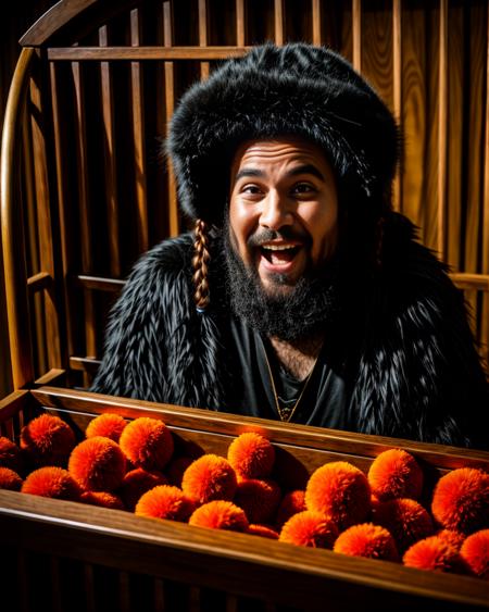 RAW photo, funny  Wookie in a Crib at a synagogue, while a haunted carnival with a deadly secret, (high detailed skin:1.2), 8k uhd, dslr, soft lighting, high quality, film grain, Fujifilm XT3,  <lora:add_detail:1>