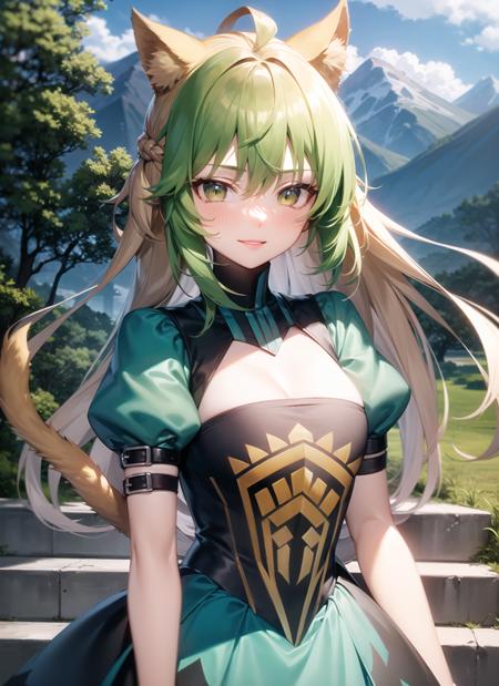 <lyco:atalanta2-000007:1.0>, atalantadef, standing, upper body, smile, blush, outdoors, day, simple background, blue sky, sky, temple, looking at viewer, stairs, mountain, moody lighting, facing viewer, cleavage, cleavage cutout