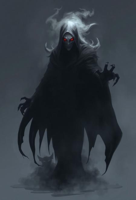 Stylized fantasy image of a deadly phantom. The phantom is wispy, made of shadow and fog with a vaguely humanoid shape and burning red eyes. It stands wreathed in shadow, fog and darkness, staring at the viewer with malice.