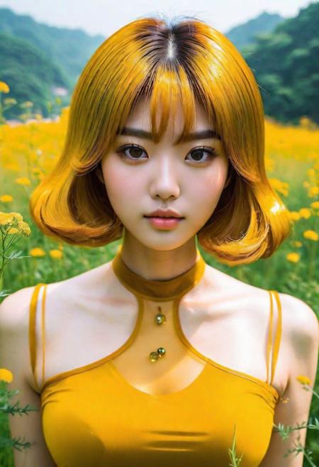 girl, woman, Buttercup arthropod girl, see-through gossamer, bombshell hair, sparkling dark color: goldenrod hair, Cropped Cut, hourglass figure, Korean