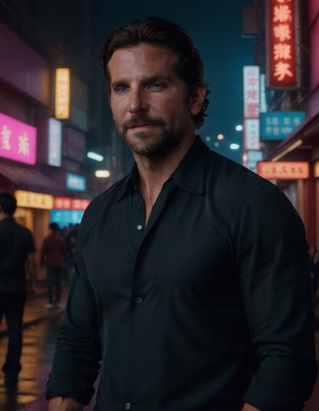 photo of bradley cooper standing on the neon lit streets of hong kong at night, cinematic lighting, hero pose