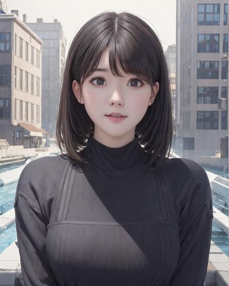 pureerosface_v1, best quality, photorealistic, 8k, high res, 1girl, woman, (skindentation), (portrait:0.6), ((cityscapebackground:2)) , ((smallsize round breast, highneck sweater:1.7)), straight-looking at viewer:1.8, (1girl eyes looking at viewer:1.45, medium-length hair, blackhair, partedbangs:1.45), photorealistic, (bokeh),   <lora:CBAV-mirai:0.69>