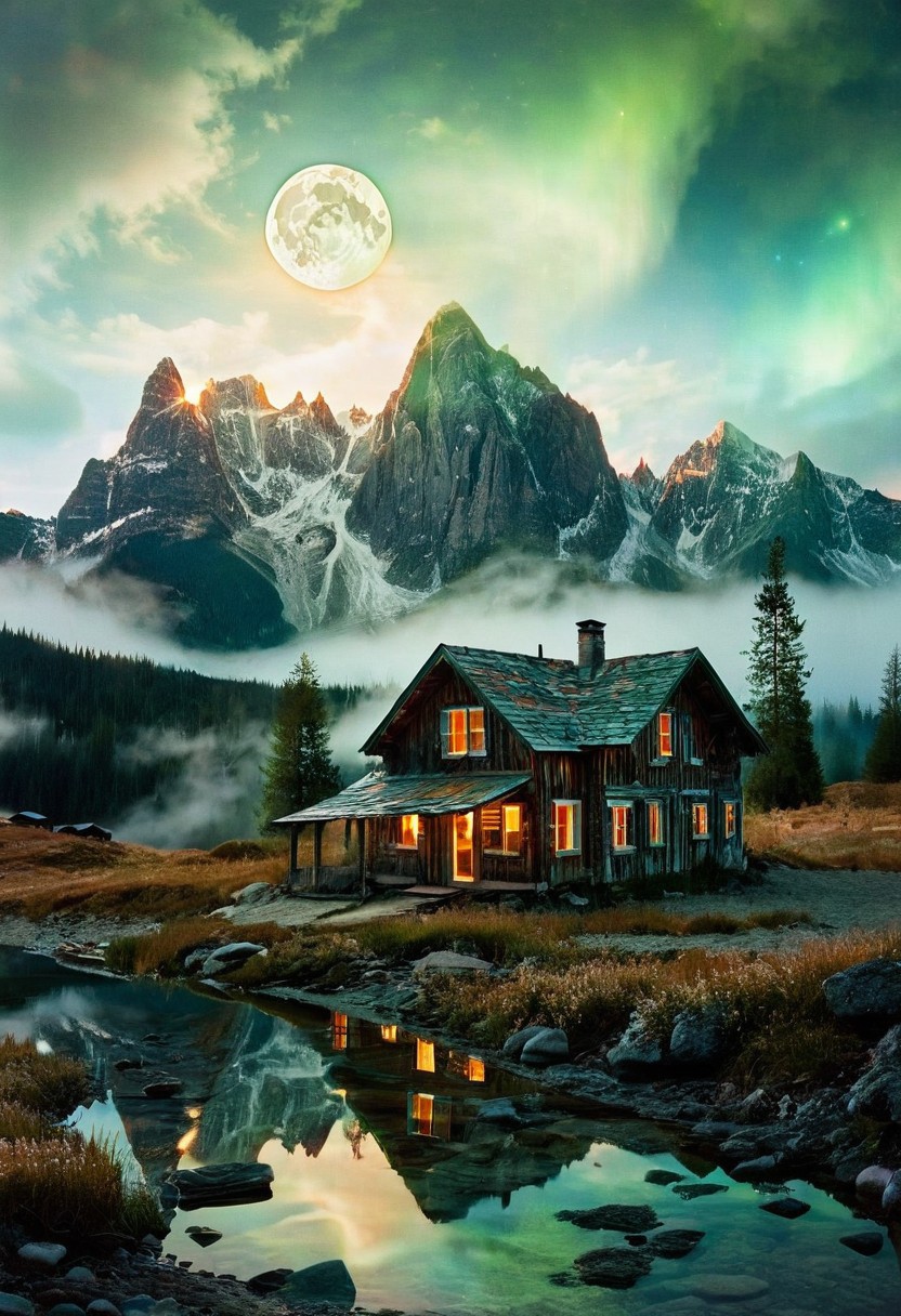 (by Ellen Jewett:1.5), (Bioluminescent Impressionism, The Dreamland), their peaks veiled in mist. mixed media, surrealism, great lighting, A surreal landscape highly detailed . extremely high-resolution details,  appears trapped in an optical illusion of reflections and refractions colorful , mountain cabin, professional photography, natural lighting, moon, night volumetric lighting maximalist. intricately detailed, complex, elegant, expansive, fantastical, film photography style,  medium grain,  <lora:MJ52:0.3>  <lora:SDXLFaeTastic2400:0.4>  <lora:EpicF4nta5yXL:0.7>.ethereal landscapes, depth of field, biotech emotion:1.3) <lora:xl_more_art-full_v1:0.5> <lora:add-detail-xl:1> <lora:RMSDXL_Creative:2>