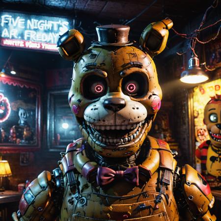 (masterpiece:1.4),portrait, five nights at freddy's, ultra detailed,animatronic, exposed wiring,robots, gloving eyes, pizzaria at background, (scary,horror:1.2), fantasy concept art, 8k resolution trending on Artstation Unreal Engine 5, detailed background,cg trending art, <lora:xl_more_art-full_v1:1.2>  <lora:JuggerCineXL2:0.8> Movie Still, Film Still, Cinematic, Cinematic Shot, Cinematic Lighting