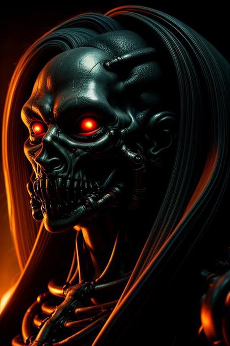 Demon, biomechanical, detailed, portrait, dramatic, cinematic, data mosh, glow,