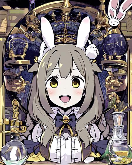 <lora:EtrianOdyssey:1>
(upper body)
(solo)
(1girl)(facing viewer)(smile)(:D)
(bunny girl)
in 
(alchemist outfit)