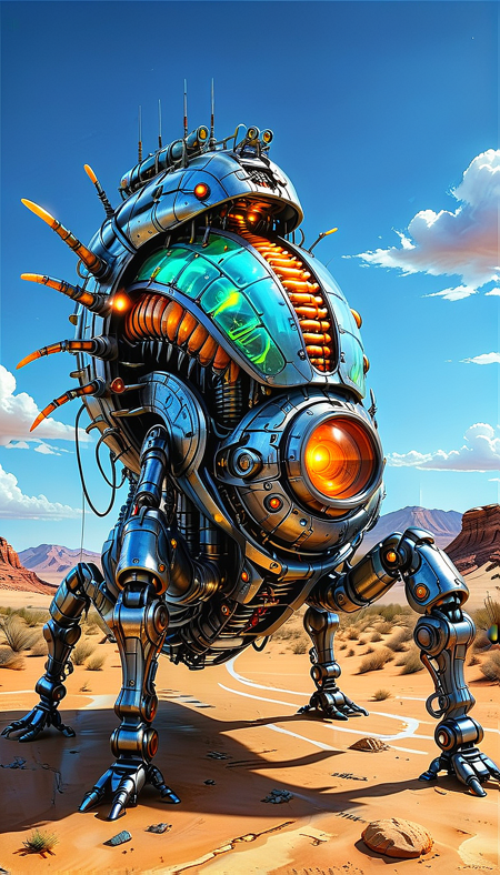 (cel-shading:2)+, (in ARTIST style:1.6), (masterpiece:1.7), glow blue neon, hyperrealism, glossy, shinny, clear image, accurate picture, clear picture, precise image, focused image, Science fiction style, Science fiction, 
(mechanical centipede on mechanical legs), solo, vehicle, outdoors, night, neon, glowing neon, sky, cloud, desert, mechanical centipede on mechanical legs focus, scenery, black paint,
gray paint, orange paint,
(ultra sharp focus:2),
<lora:Apparatus_-_Traction_City_Walkers_Vehicles:0.8>