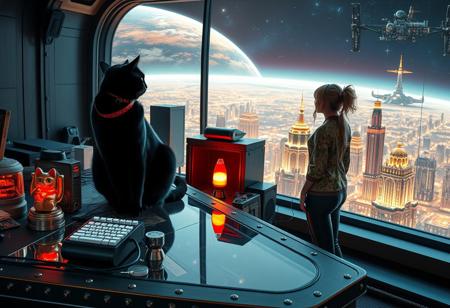 A sleek black cat with red collar sits on a cluttered metal riveted desk with transparent top and micro-LED lighted computer components visible inside, On the desk are a maneki neko statue and a lava lamp, the Black Cat is looking out of a seamless and futuristic floor to ceiling window that looks out at a planet from low orbit, the planet is covered with the lights of enormous buildings and cities, (((a beautiful woman, 24 years old, is standing next to the desk the cat is sitting on and looking longingly out the window, the woman is dressed in an ornate Japanese style shirt and tight leather-like pants. An enormous deco-cyberpunk starship with futuristic lighting and an enormous space station are visible in the background among the stars, The woman's hair is messy from just waking up and tied up with a ribbon. Artistic cyberpunk, dynamic perspective, (((overall architectural aesthetic is Art Deco Cyberpunk))).  Epic image that elicits a feeling of wonder and awe,
