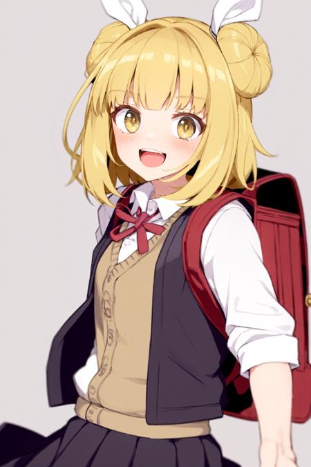 masterpiece, best quality, <lora:style04:1>,
 <lora:JoutouguMayumi:1>, 
1girl, joutouguu mayumi, double bun, blonde hair, solo, bag, hair bun, shirt, red bow, open mouth, ribbon, yellow eyes, white shirt, short hair, haniwa (statue), hair ribbon, simple background, skirt, red bowtie, white ribbon, smile, bow, collared shirt, backpack, school uniform, blush, grey background, bangs, black skirt, bowtie, sweater vest, looking at viewer, alternate costume, teeth, upper teeth only, notice lines, red ribbon, vest