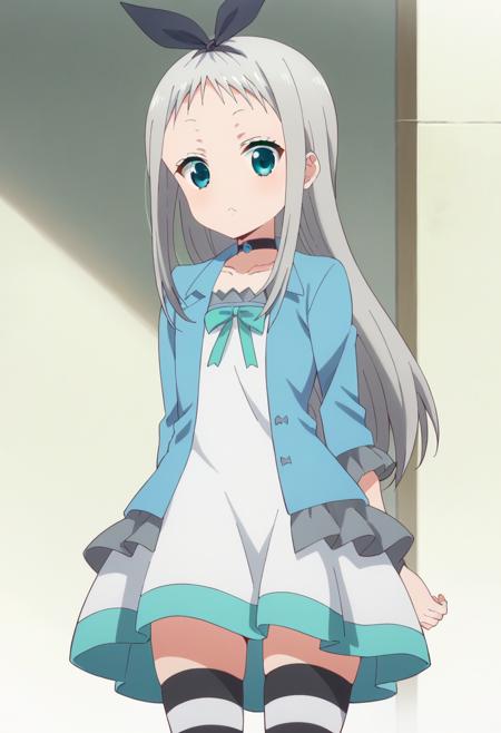  hideri, long hair, aqua eyes, black hairbow, grey hair, male focus, choker, otoko no ko,  frills, puffy sleeves, white gloves, black footwear, apron, white thighhighs, puffy short sleeves, black hairbow, waist apron, white apron, crossdressing, frilled apron, center frills, waitress,  white dress, skirt, bow, ribbon, black hairbow, choker, striped, zettai ryouiki, cosplay, otoko no ko, striped thighhighs, blue jacket, open jacket,