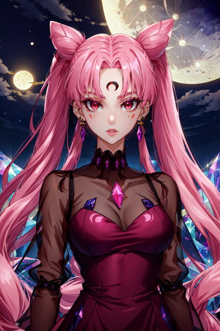 Dark_Lady, 1girl, solo, long hair, breasts, looking at viewer, red eyes, dress, twintails, jewelry, upper body, pink hair, earrings, lips, see-through, moon,  crescent, forehead mark, cone hair bun, crescent facial mark, crystal earrings, <lora:BlackLady:0.8>