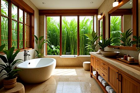 <lora:pytorch_lora_weights_361535:1>,Tropical Bathroom, a tropical bathroom with large windows letting in natural light, wooden accents, and a stone countertop. The room features lush greenery in large pots, a freestanding shower with a rain showerhead, and bamboo accessories for a relaxed, spa-like feel.,, Masterpiece,best quality,realistic,HDR, 8K, masterpiece, best_quality, absurdres, ultra-detailed, highly_aesthetic, depth_of_field