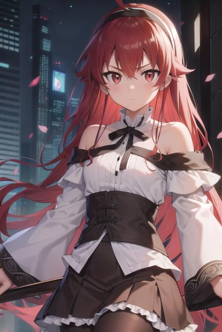 erisgreyrat, <lora:eristest:1>, 
eris greyrat, ahoge, hair between eyes, long hair, (red eyes:1.5), red hair, sidelocks, (small breast:1.2),
BREAK black hairband, black ribbon, brown skirt, hairband, long sleeves, neck ribbon, pantyhose, ribbon, shirt, shoulder cutout, skirt, white pantyhose, white shirt, wide sleeves,
BREAK looking at viewer,
BREAK outdoors, city,
BREAK <lyco:GoodHands-beta2:1>, (masterpiece:1.2), best quality, high resolution, unity 8k wallpaper, (illustration:0.8), (beautiful detailed eyes:1.6), extremely detailed face, perfect lighting, extremely detailed CG, (perfect hands, perfect anatomy),