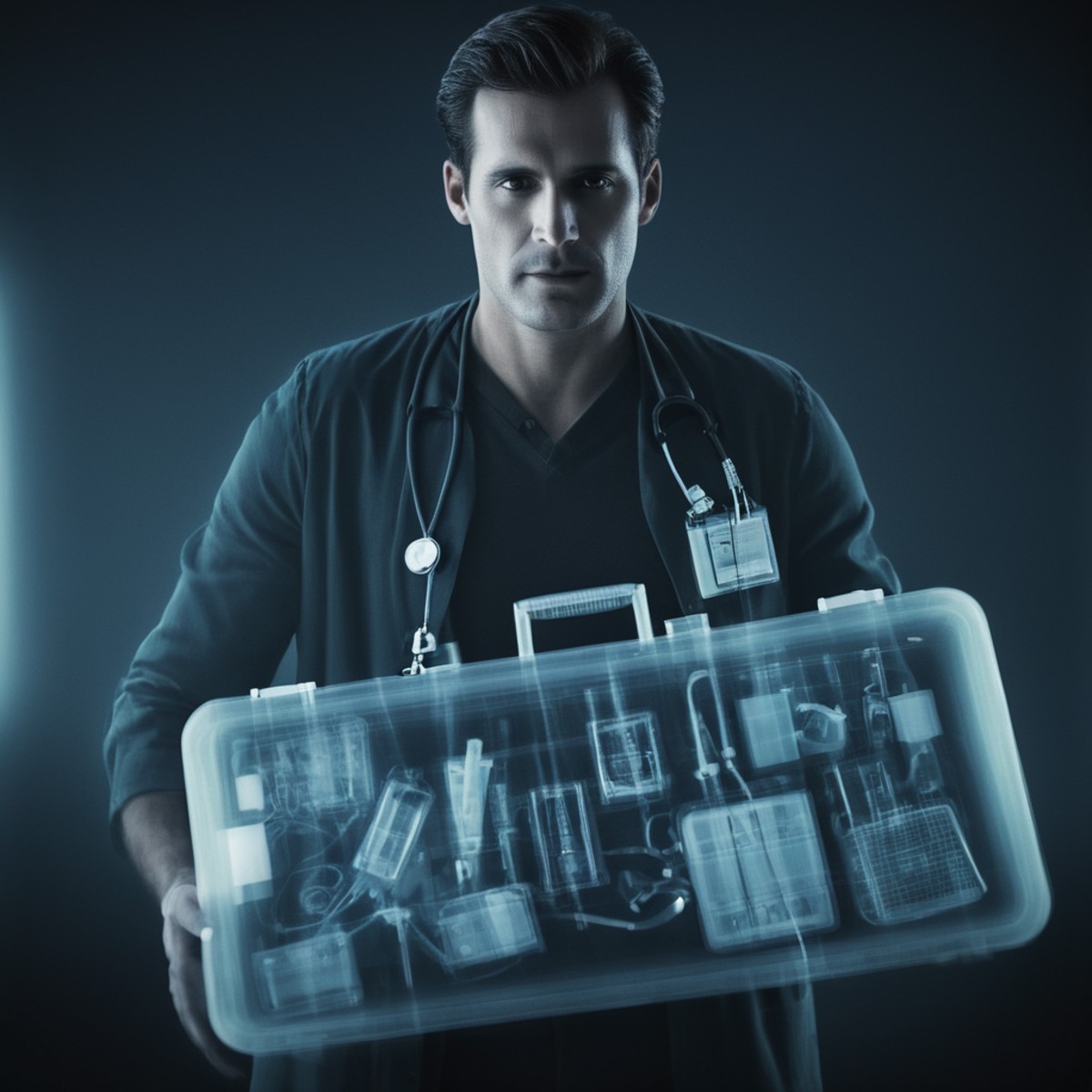 cinematic film still of  <lora:x-ray style:1> X-ray of
a man holding a case with a bunch of medical equipment
,x-ray style...