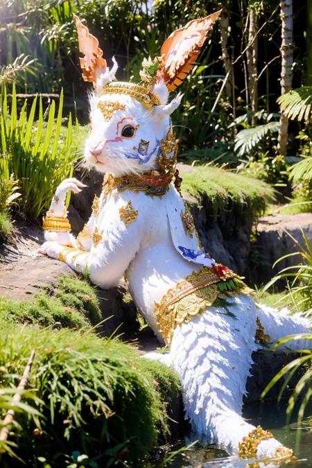 (best quality:1.4), (ultra highres:1.2), (photorealistic:1.4), (8k, RAW photo:1.2),  very high detail, portrait shot,  (himmapan style:1.9),( white rabbit:1.2), ,(in jungle:1.3) <lora:HimmapanV1:0.8>