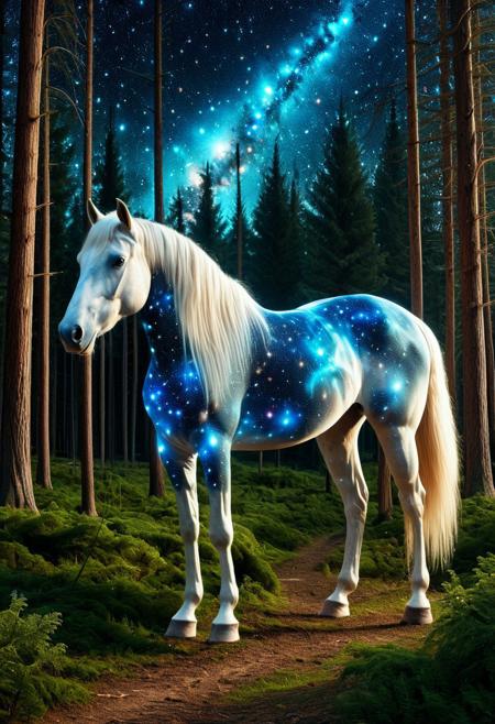 CosmicStyle,space,fantasy,Shimmering stars,starlight ,animal, horse,full view,masterpiece, best quality, amazing quality, aesthetic,outdoor,trees,fantasy,forest