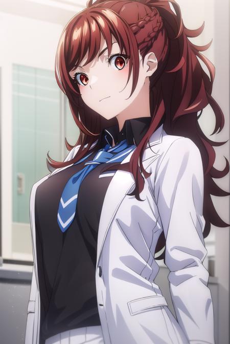 kaedekazama, <lora:kaede kazama s1-lora-nochekaiser:1>,
kaede kazama, long hair, bangs, (red eyes:1.3), ponytail, braid, sidelocks, red hair, smile,
BREAK skirt, shirt, long sleeves, school uniform, jacket, necktie, collared shirt, uniform, (black shirt:1.5), (white jacket:1.5), blue necktie,
BREAK indoors, classroom,
BREAK looking at viewer, (cowboy shot:1.5),
BREAK <lyco:GoodHands-beta2:1>, (masterpiece:1.2), best quality, high resolution, unity 8k wallpaper, (illustration:0.8), (beautiful detailed eyes:1.6), extremely detailed face, perfect lighting, extremely detailed CG, (perfect hands, perfect anatomy),