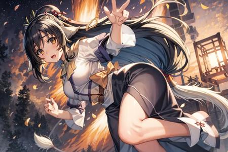 masterpiece, best quality,sky,cloud,fire,kuon ( utawarerumono), 1girl, long hair, solo, animal ears, tail, black hair, open mouth, low-tied long hair, sash,(kbxll:0.4)