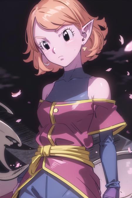 chronoa, bare shoulders, pointy ears, colored skin, pink hair, pink skin, (swept bangs:1.5), short hair, (black eyes:1.3), leotard, dress, purple dress, off shoulder, bare shoulders, detached sleeves, pants, blue pants,