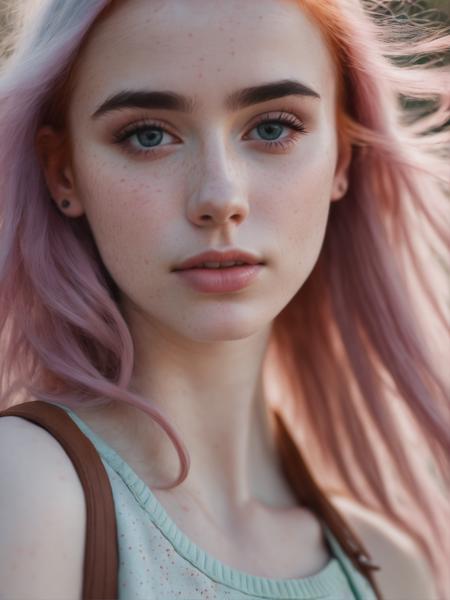 photo portrait of lili, pastel hair, freckles sexy, beautiful, close up, young, dslr, 8k, 4k, ultrarealistic, realistic, natural skin, textured skin