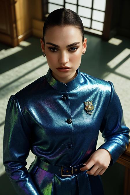 (holographic style, rainbow, shimmer, 3D effect, detailed:1.15), (from above, closeup on face:1.2) of <lora:sd15_LilyJames_locon_64_v1-000016:1> LilyJames, she is wearing band uniform , her hair is styled as slicked-back hair, BREAK she is (in the conservatory:1.1), creative shadow play, solarized,Kodak Vision3 ,8mm fisheye lens , in the style of Yousuf Karsh