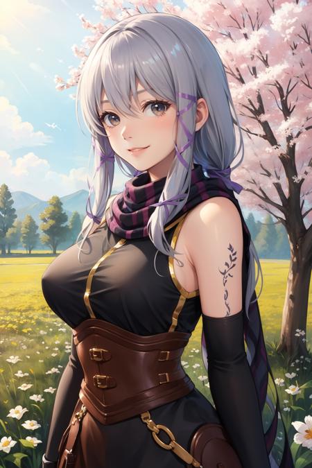 masterpiece, best quality, clair lasbard, long ponytail, hair ribbon, striped scarf, black dress, corset, belt, fingerless gloves, upper body, looking at viewer, large breasts, smile, standing, field, spring, trees <lora:clairlasbard-nvwls-v2-000012:0.9>