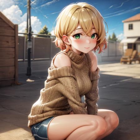 <lora:Mami-000007:0.6>,
Mami Nanami,
outdoors, wind,  blue sky, cloudy, 
ultra-detailed, 8k, masterpiece world theater, textured skin, beautiful detailed face, beautiful detailed eyes, ambient light, realistic shadows, beautiful detailed pupils, cute, photorealistic,
1girl, solo, green eyes, short hair, shiny skin, light smile, blush, ribbed sweater, shorts, bare legs, barefoot, sitting, arms around legs, embryo pose, off shoulder, long sleeves,
cowboy shot,